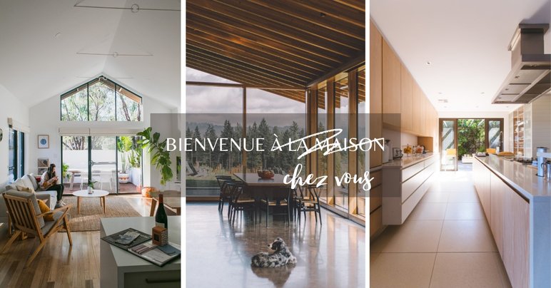 Montage de trois espaces intérieurs lumineux avec le message 'Bienvenue à la maison, chez vous' par MENDES Design Montage de trois espaces intérieurs lumineux avec le message 'Bienvenue à la maison, chez vous' — salon, salle à manger et cuisine moderne par MENDES Design