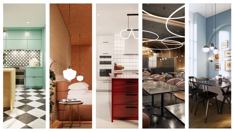 Montage de cinq rendus 3D signés Nadamé Design illustrant différents styles d’intérieurs : cuisine turquoise, chambre chaleureuse, cuisine moderne rouge, restaurant contemporain et salle à manger lumineuse