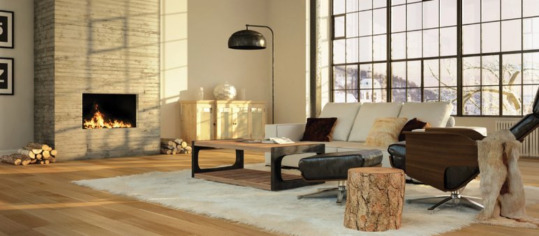Salon moderne avec grandes fenêtres, foyer au gaz et plancher de bois, aménagement intérieur élégant Par Vénitiennes 83.