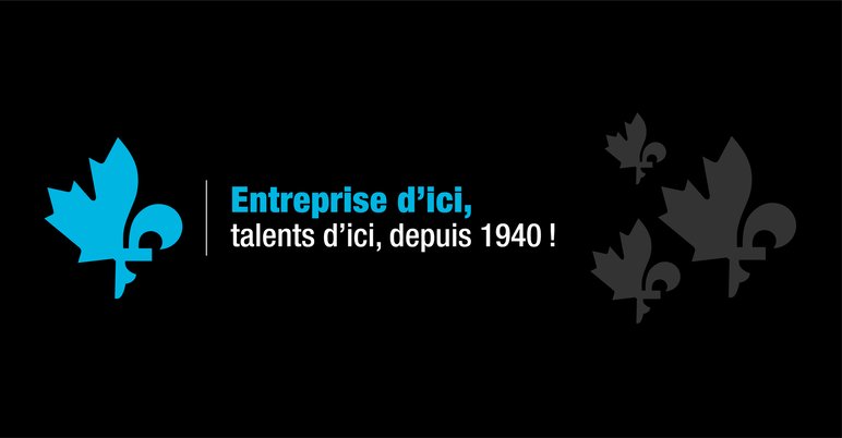 Entreprise québécoise Espace Plomberium Entreprise québécoise Espace Plomberium avec slogan « Entreprise d’ici, talents d’ici depuis 1940 », représentant un érable bleu stylisé avec une fleur de lys, sur fond noir – image symbolisant un savoir-faire local et authentique.