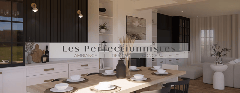 Espace de vie au design contemporain signé Les Perfectionnistes Espace de vie au design contemporain signé Les Perfectionnistes, avec cuisine blanche, accents noirs et salle à manger chaleureuse