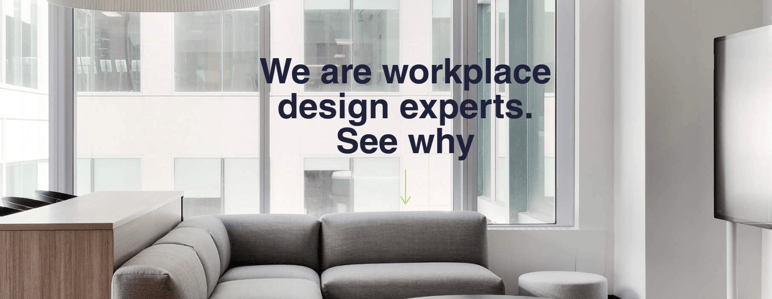 Espace de travail moderne et lumineux avec canapé gris signé  LWG Architectural Interiors et message 'We are workplace design experts. See why' en surimpression