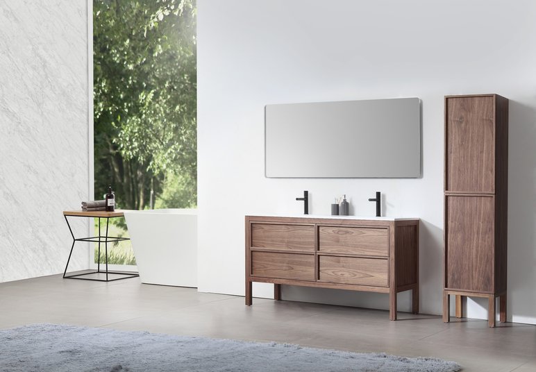 Mobilier de salle de bain en bois avec double vasque et grand miroir de chez Golden Elite Déco. Mobilier de salle de bain en bois avec double vasque et grand miroir, ambiance moderne et épurée de chez Golden Elite Déco.