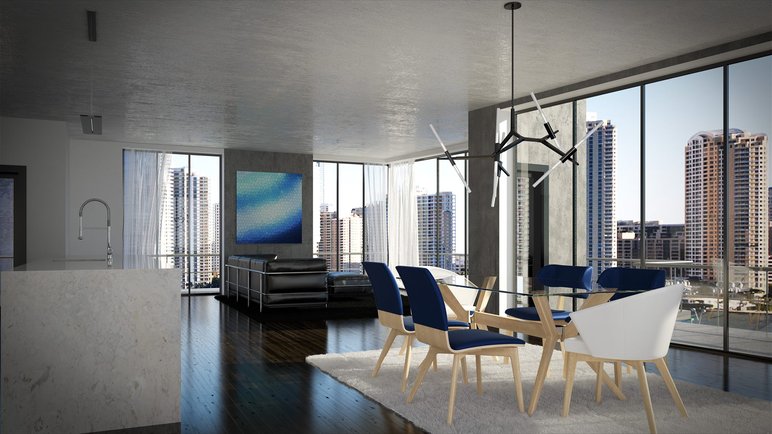 Salon et Salle à Manger Modernes de Chez Meubles Désiré Salon et salle à manger modernes avec vue panoramique sur la ville, mobilier design, table en verre et chaises bleues sur tapis blanc de chez Meubles Désiré.