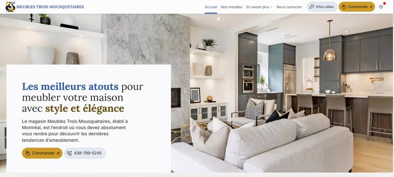 Intérieur élégant aménagé avec style et modernité de chez Meubles Trois Mousquetaires Salon et cuisine modernes avec mobilier sophistiqué, armoires foncées, îlot central, luminaires dorés et canapé confortable, créant un espace chaleureux et raffiné de chez Meubles Trois Mousquetaires