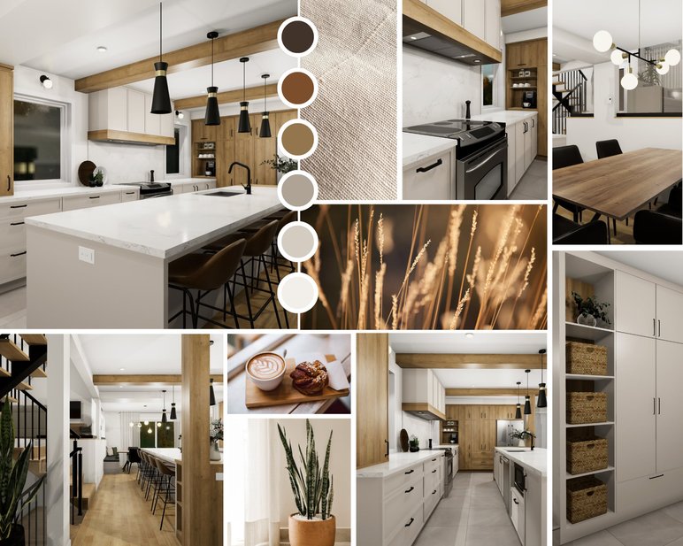 Cuisine moderne conçue par OLA Design avec îlot central en quartz Cuisine moderne conçue par OLA Design avec îlot central en quartz, armoires blanches et bois, luminaires noirs et palette de couleurs naturelles