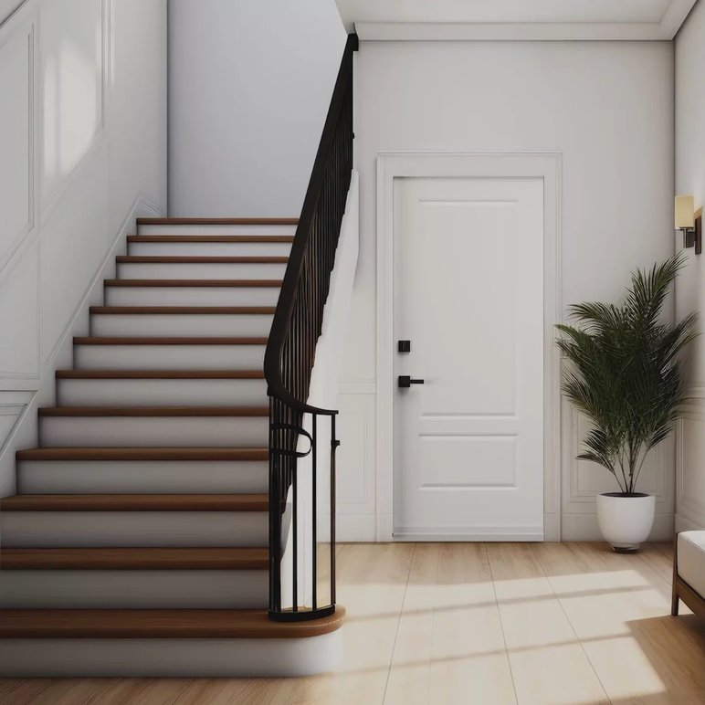 Entrée résidentielle moderne avec escalier en bois, rampe métallique noire et porte intérieure blanche par RÉNOOO Matériaux — design lumineux et contemporain