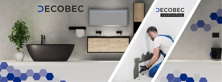 Rénovation Salle de Bain Decobec Bannière de l'entreprise Decobec mettant en avant la rénovation intérieure avec une salle de bain moderne et un ouvrier en train de poser du carrelage.
