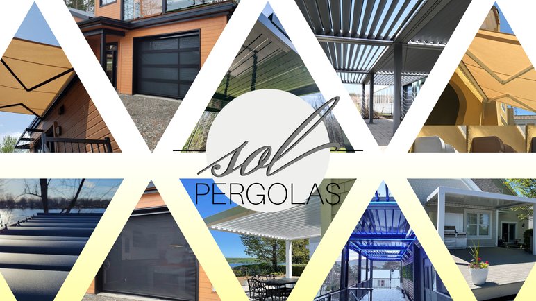 Montage visuel des réalisations de Sol Pergolas incluant pergolas bioclimatiques, auvents et toiles d’ombrage sur mesure au Québec