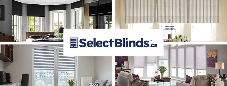 Bannière de SelectBlinds.ca présentant divers modèles de stores et toiles décoratives dans différents décors résidentiels modernes