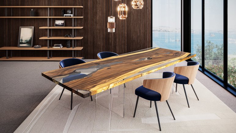 Table design en bois massif et résine avec pieds en verre de chez Mobilier de France Élégante table en bois massif et résine époxy avec pieds en verre, entourée de chaises modernes dans une salle à manger lumineuse offrant une vue panoramique sur la mer de chez Mobilier de France.