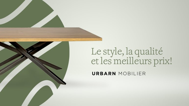 Le Style, la Qualité et les Meilleurs Prix Image promotionnelle d'Urbarn Mobilier mettant en avant une table moderne avec un plateau en bois et un piétement en métal noir. Le slogan "Le style, la qualité et les meilleurs prix!" est affiché à droite, avec le logo d'Urbarn Mobilier en dessous. Fond épuré avec un motif évoquant le bois.
