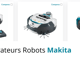Aspirateurs robots Makita DRC200Z et DRC300Z présentés côte à côte avec batteries LXT 18V