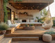 Terrasse extérieure moderne en bois avec coin lounge, canapé blanc, foyer central et chaise suspendue dans une ambiance chaleureuse et naturelle par House Design Pinterest