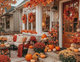 Décoration extérieure d’automne avec citrouilles, chrysanthèmes, couronnes de feuilles colorées et coussins orangés sur une terrasse accueillante au style chaleureux et festif Source - kerry black Pinterest