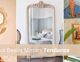 Collection de miroirs tendance incluant un miroir en rotin en forme de fleur, un miroir sur pied à cadre sculpté blanc et un miroir mural moderne avec perles vertes, parfaits pour une décoration intérieure élégante et actuelle - Image par Do it in Paris