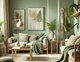 Salon vert tendance avec décor naturel, plantes et meubles en bois clair – ambiance douce et moderne - source Kaffée sur Pinterest