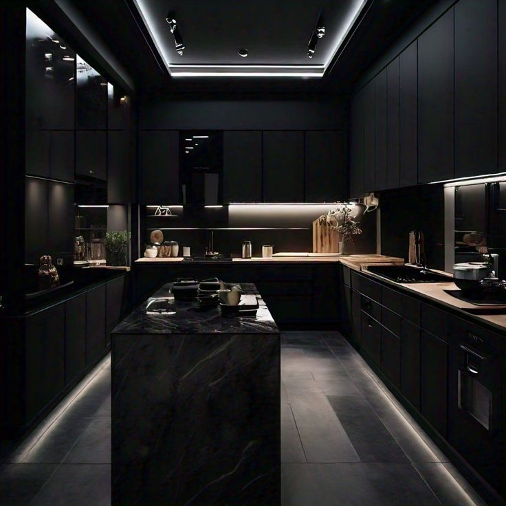 Cuisine moderne au design noir mat avec éclairage LED intégré, comptoirs en bois clair et îlot central en marbre foncé par Valz decor your home your style sur Pinterest