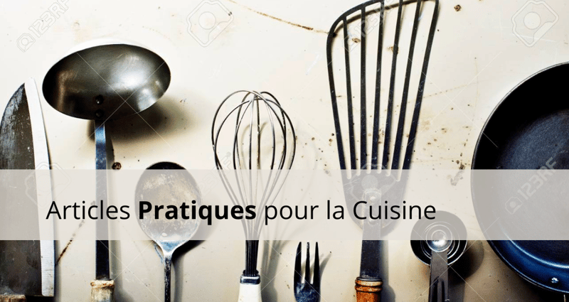Ustensiles de cuisine essentiels alignés sur un plan de travail.