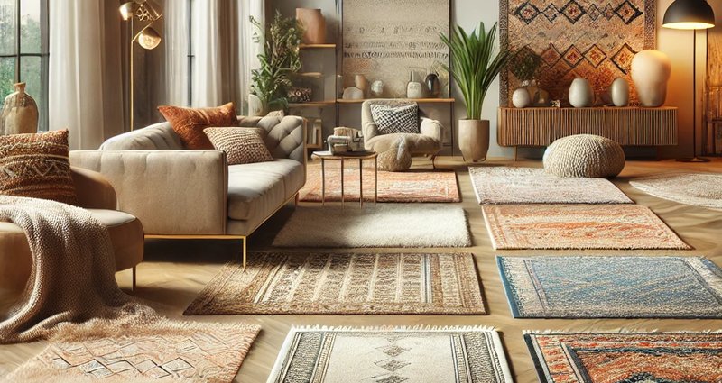 Salon lumineux avec une sélection de tapis décoratifs variés, incluant des modèles berbères, persans et modernes. L’espace est aménagé avec des meubles contemporains, des plantes et une décoration harmonieuse, mettant en valeur le confort et l’élégance des tapis.