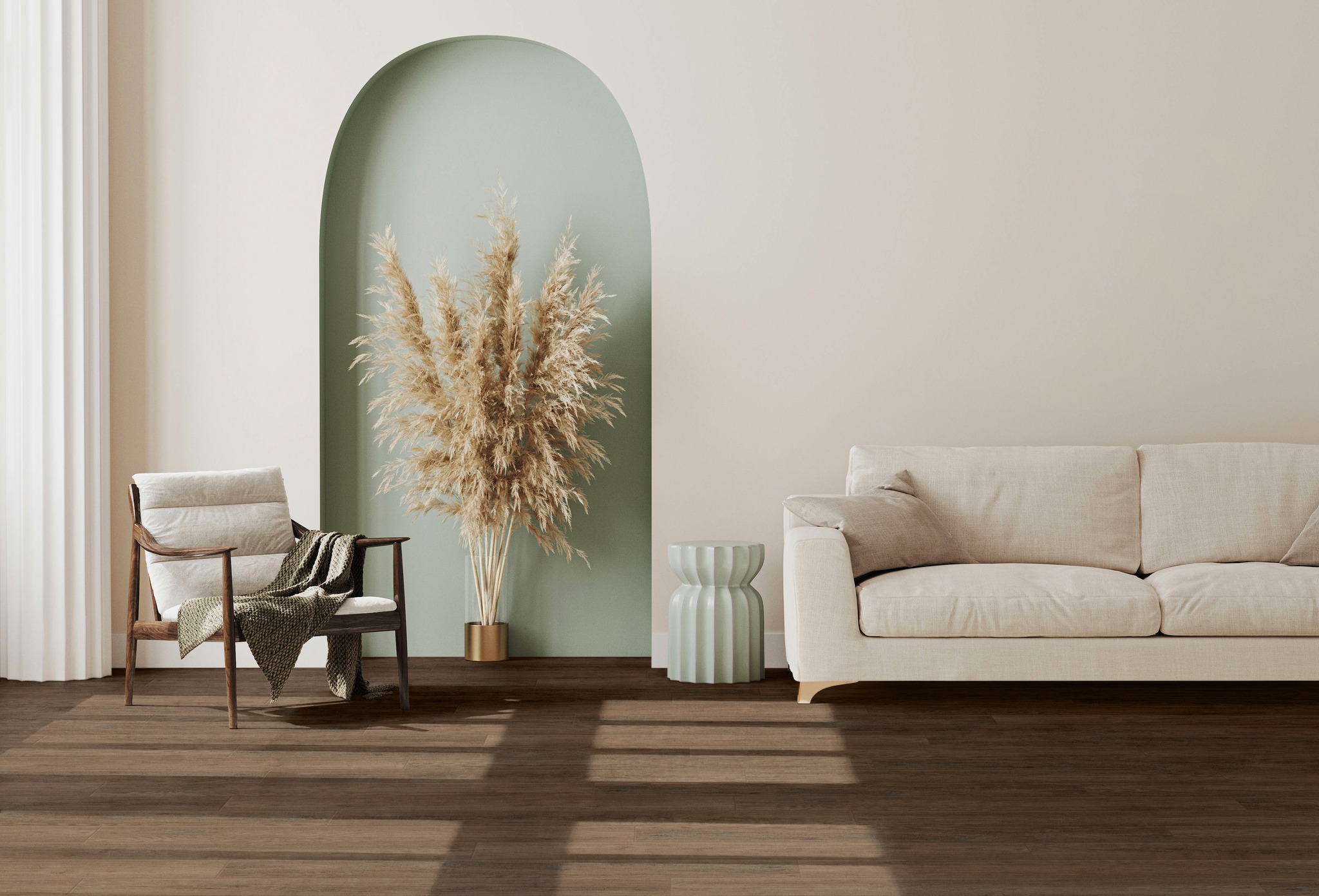 Salon moderne avec plancher de bois foncé par Flordeco Salon moderne avec plancher de bois foncé, canapé beige et mur accent vert sauge, design d'intérieur proposé par Flordeco
