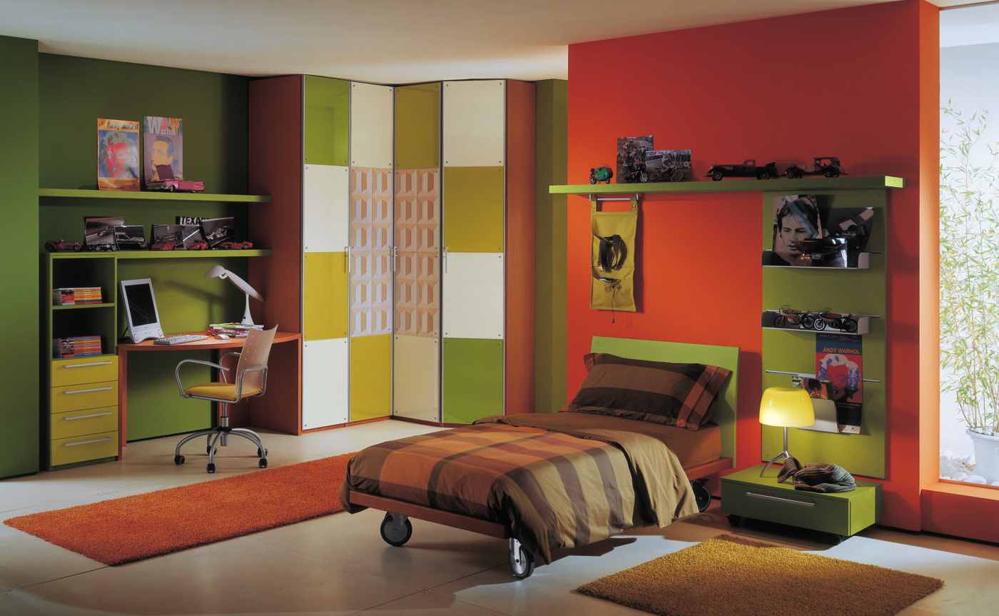 Enchanting-Contemporary-Boys-Bedroom-Ideas-with-Orange-and-Green-Accent-Wall-Color-Furnished-with-Single-Bed-Applying-Roll-Platform-Design-also-Completed-with-Desk-and-Office-Chair